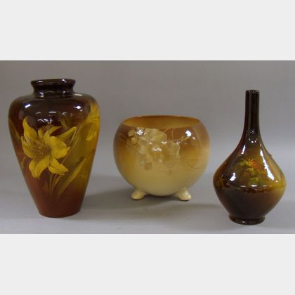 Cambridge Art Pottery Vase, a J.B. Owens Utopian Bottle Vase, and a Weller Pottery Jardiniere. 