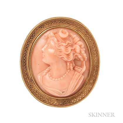 Antique Gold and Coral Cameo Brooch