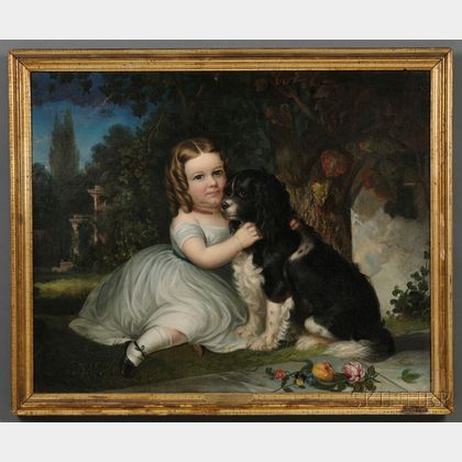 American School, 19th Century Portrait of "Margaret Anna Jobs/Age 6 1838/Springfield, New Jersey," with Her Spaniel.