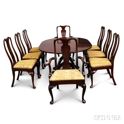 Georgian-style Mahogany Double-pedestal Dining Table and a Set of Eight Queen Anne-style Chairs