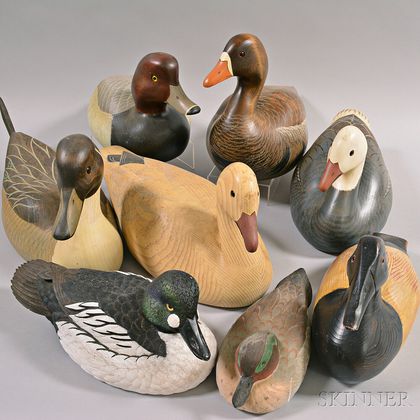 Eight Contemporary Carved and Painted Duck Decoys