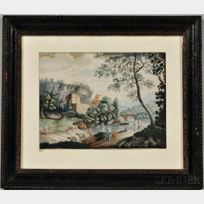 Continental School, Early 19th Century River Scene with Figures and Church