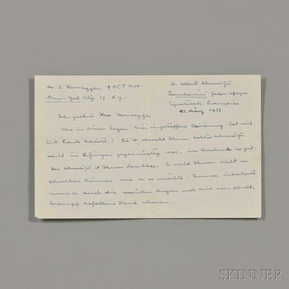 Schweitzer, Albert (1875-1965) Autograph Letter Signed, 12 May 1956.