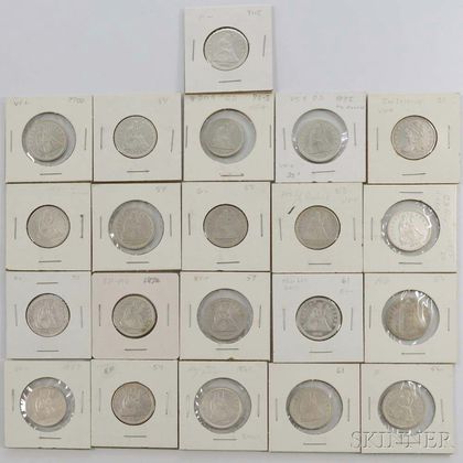 Twenty Capped Bust and Seated Liberty Quarters and an 1875-S Twenty Cent Piece