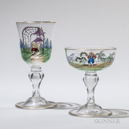 Nineteen Pieces of Blown Glass Stemware, all with polychrome painted chinoiserie scenes, ten wines, ht. 6 5/8, and nine sherbets, ht. 4