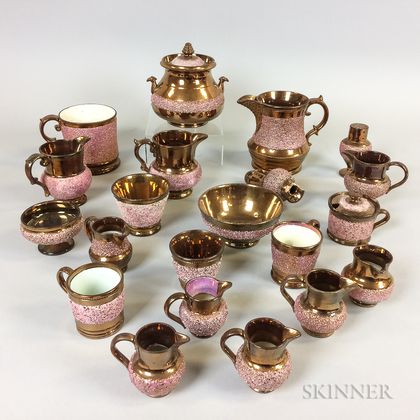 Twenty-one Textured Copper and Pink Lustre Ceramic Tableware Items