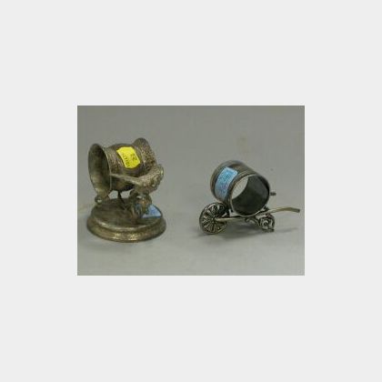 Pairpoint Silver Plated Wheelbarrow and Two Parrot Figural Napkin Rings. 