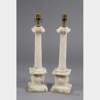 Pair of Classical Revival Carved Alabaster Column-form Lamp Bases