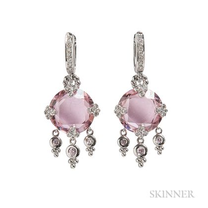18kt White Gold, Pink Stone, and Diamond Earrings