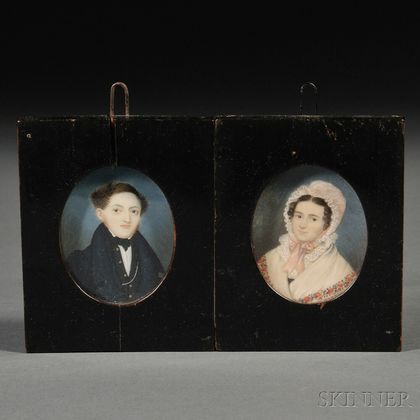 American School, 19th Century Pair of Portrait Miniatures of a Young Man and Woman.