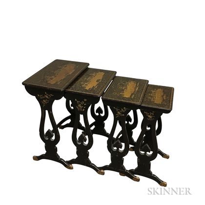 Set of Four Chinese Export Black Lacquered Nesting Tables