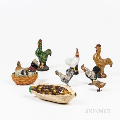 Seven Small Earthenware Bird Figures and a Husk of Corn