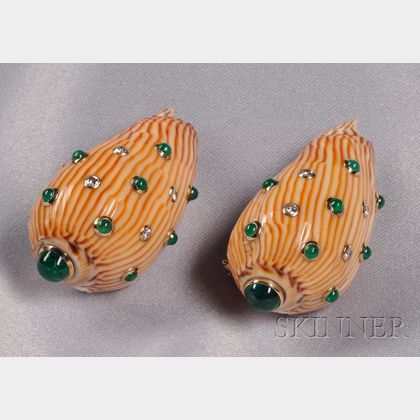 14kt Gold, Seashell, Emerald, and Diamond Earclips, Trianon