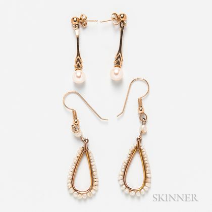 Two Pairs of 14kt Gold and Cultured Pearl Earrings