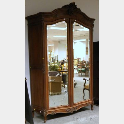 Louis XV Style Carved Walnut Mirrored Two-Door Armoire. 