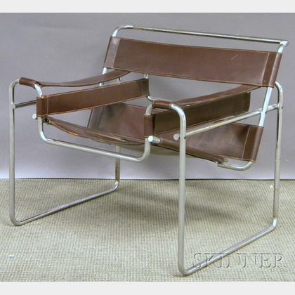 Modern Marcel Breuer Wassily-style Brown Leather and Bent Steel Chair