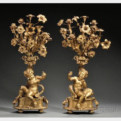 Pair of Dore Bronze Five-light Candelabra