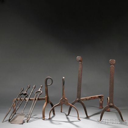 Two Pairs of Early Iron Andirons and Four Fireplace Tools