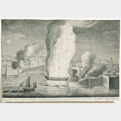 Barbary Wars; Guerrazzi, John B. (fl. circa 1805) The Burning of the American Fregate the Philadelphia in the Harbour of Tripoli.