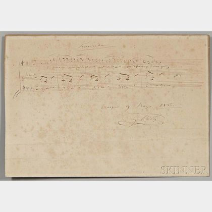 Verdi, Giuseppe (1813-1901) Autograph Musical Manuscript with Five Bars from La Traviata , Signed, Venice, 9 March 1853.