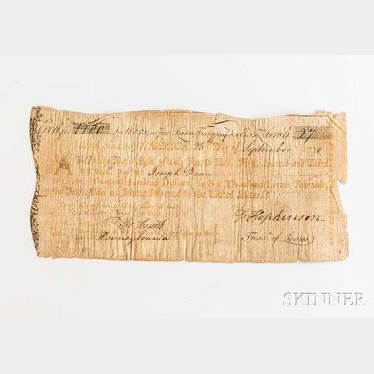 Hopkinson, Francis (1737-1791) Signed $1,200 Thirty-Day Sight Draft, 25 September, 1778.