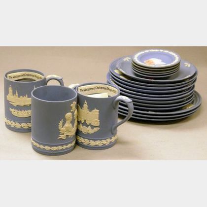 Seventeen Wedgwood Solid Light Blue Jasper Plates and Three Mugs