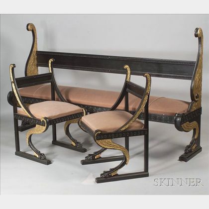 Three Piece Suite of Egyptian Revival Ebony and Parcel-gilt Seating Furniture