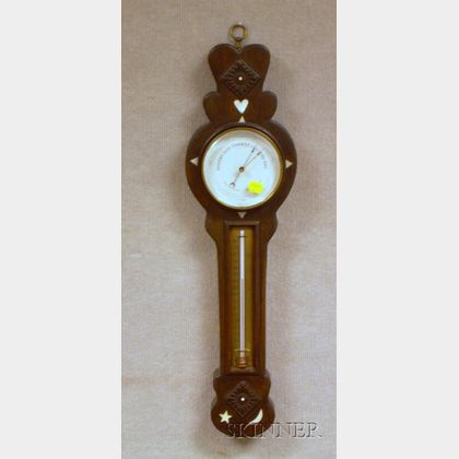 Marine-style Ivory and Mother-of-pearl Inlaid Carved Mahogany Wall Barometer/Thermometer. 