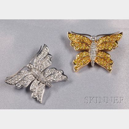 Pair of Diamond and Colored Diamond Butterfly Brooches, Tiffany & Co.