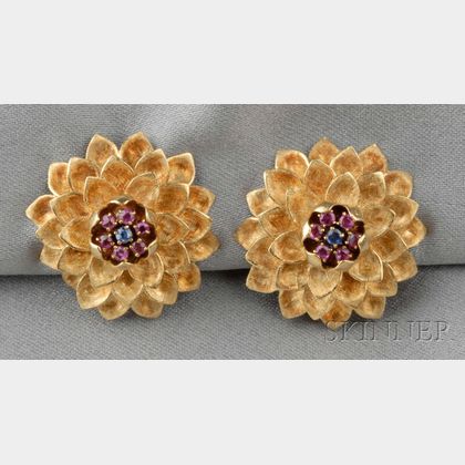 18kt Gold, Ruby, and Sapphire Flower Earclips