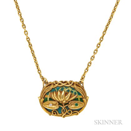 Art Nouveau 14kt Gold and Plique-a-jour Pendant Necklace, Riker Bros.