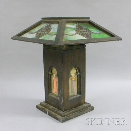 Early Arts & Crafts Oak and Leaded Glass Table Lamp