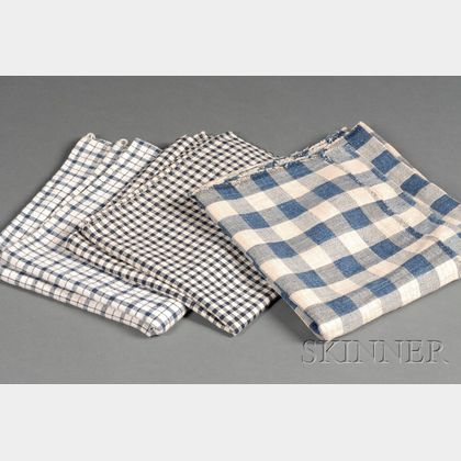 Three Lengths of Blue and White Woven Checked Homespun Linen Fabric