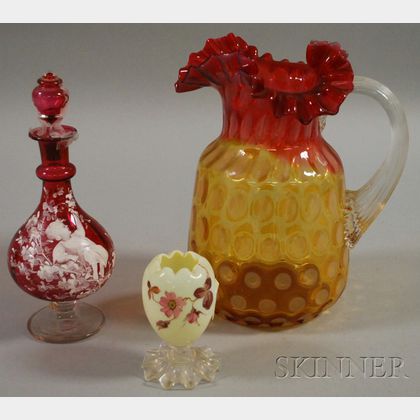 Victorian Amberina and Opalescent Thumbspot Glass Pitcher, a Mary Gregory-type Enamel-decorated Cranberry Glass Scent Bottle, and an Op