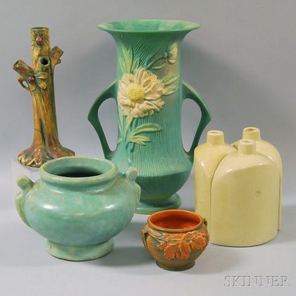 Seven Pieces of Molded American Art Pottery Including Roseville and Weller