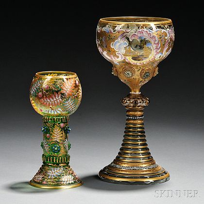 Two Moser-type Gilded and Enameled Green Glass Goblets