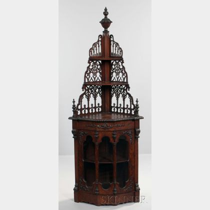 Gothic Revival Carved and Glazed Mahogany Corner Cabinet