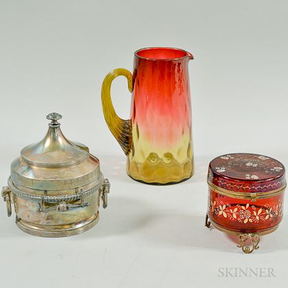 Amberina Glass Pitcher, an Enameled Cranberry Glass Dresser Box, and a Silver-plated Victorian Butter Dish with Pressed Glass Insert. 