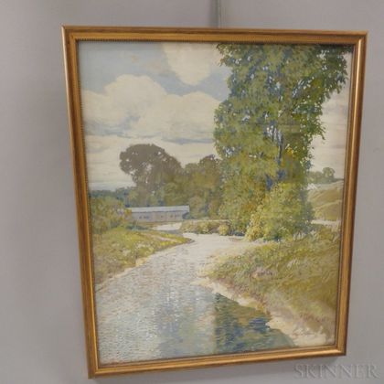 Francis E. Getty (American, 1861-1945) River Landscape with Covered Bridge