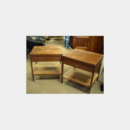 Pair of Paul McCobb Designed &#34;Delineator&#34; Rosewood Veneer, Walnut and Caned End Tables