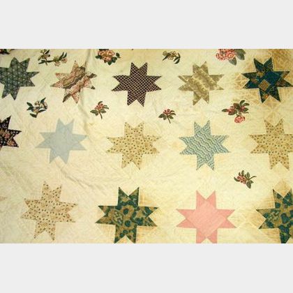 1836 New Jersey Evening Star Pattern Pieced Cotton Quilt