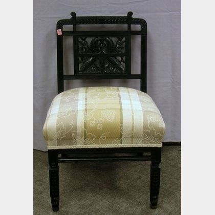 Victorian Aesthetic Upholstered Ebonized Slipper Chair. 