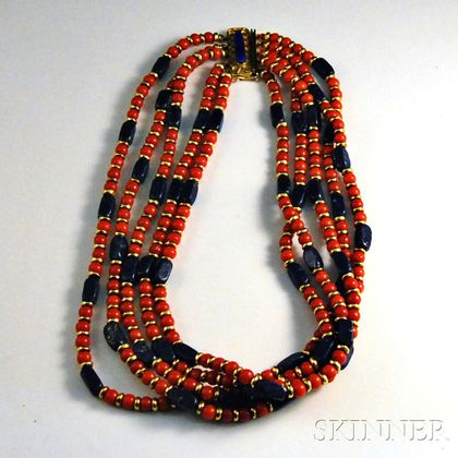 Five-strand Coral and Lapis Necklace