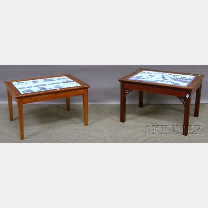 Two Blue and White Decorated Tile-top Low Tables