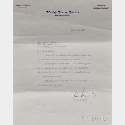 Kennedy, John Fitzgerald (1917-1963) Typed Letter Signed, 14 June 1954.