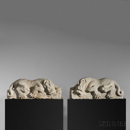 Pair of White Marble Lions with Dragon Heads, Ba Xia 