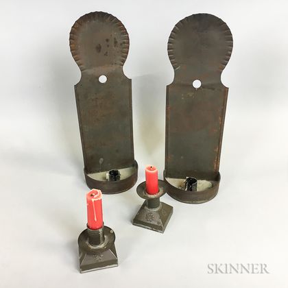 Pair of Tin Wall Sconces and a Pair of Small Tin Candlesticks