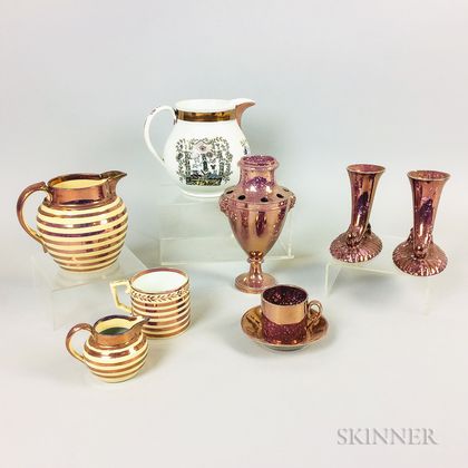 Nine Pieces of Pink Lustre Ceramic Tableware