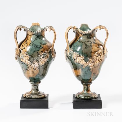 Pair of Wedgwood & Bentley Variegated Three-handled Vases