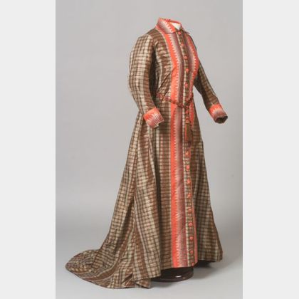 Victorian Lady's Brown and Red Plaid Silk Overcoat